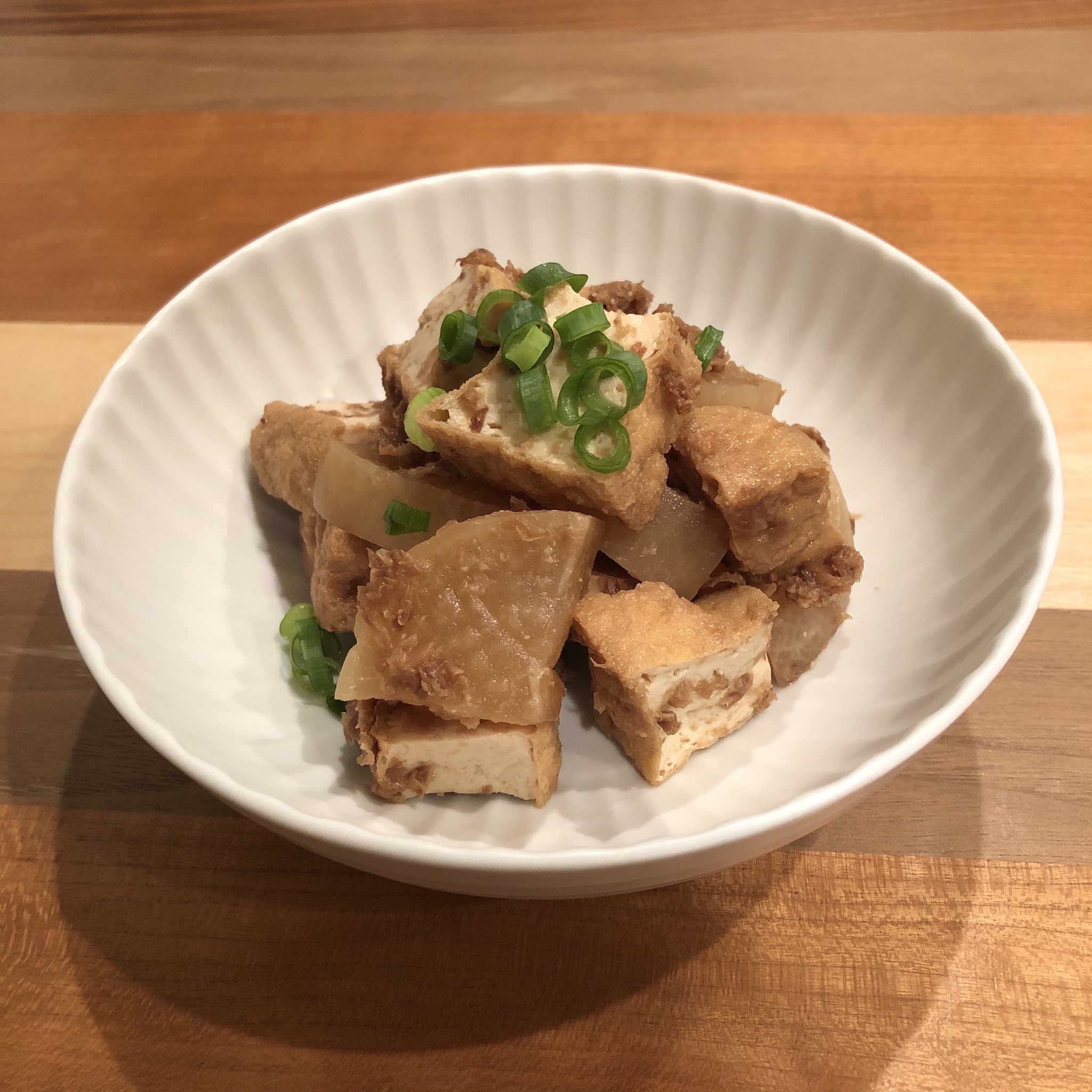 THICK DEEP-FRIED TOFU & DAIKON SIMMERED WITH DRIED-BONITO SHAVINGS