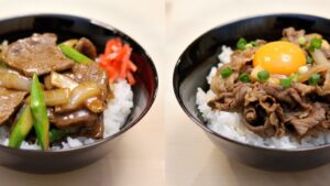 Rice Bowls with Tender Beef and Onions: Oyster Sauce Ver. & Soy Sauce Ver. - JAPANESE RICE BOWLS #6